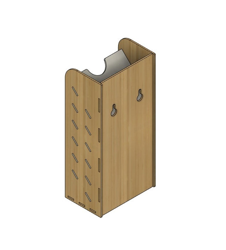 May include: A wooden wall-mounted storage unit with a decorative pattern on the front and two holes on the back for hanging.