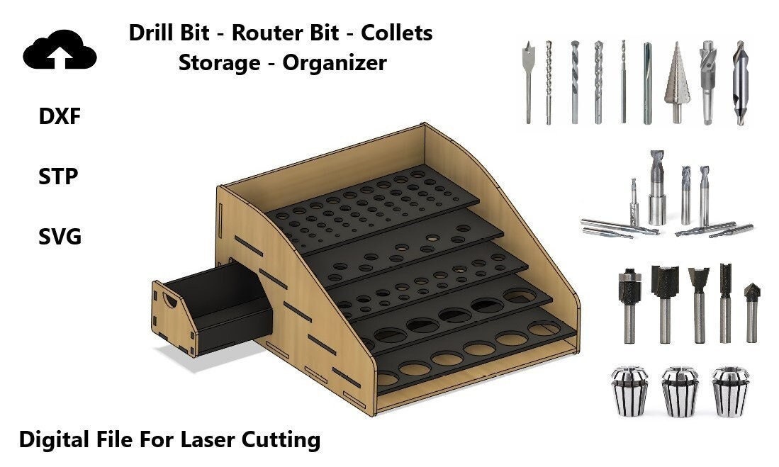 Drill Bits Organizer Router Bit Storage Tools Holder Digital Laser Cut