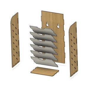 May include: A wooden wall-mounted organizer with six shelves for storing items. The shelves are made of a light-colored wood and have a slightly textured surface. The organizer is designed to be mounted on a wall and has a simple, modern design.