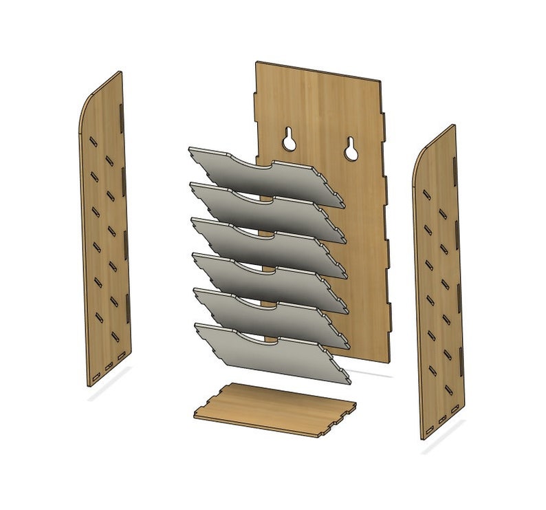 May include: A wooden wall-mounted organizer with six shelves for storing items. The shelves are made of a light-colored wood and have a slightly textured surface. The organizer is designed to be mounted on a wall and has a simple, modern design.