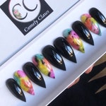 Black Colorful Nail Set | Crystal AB Shine | Press On Nails | Glue On Nails | Diamond | Glossy