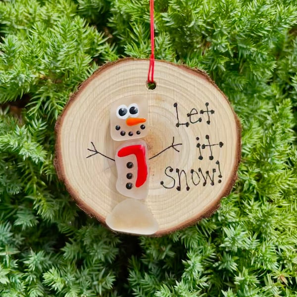 Snowman Ornament, Let it Snow, Seaglass, Sea Glass Art, Christmas, Upcycled, Stocking stuffer, Snowman Decor, White Elephant gifts, Wooden