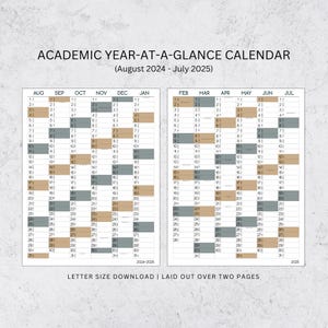 Academic Year-at-a-Glance Calendar (August 2024 - July 2025) | Letter Size Download | Laid Out Over Two Pages