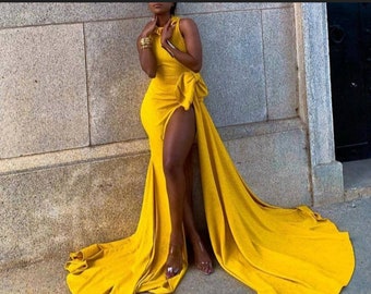 mustard evening dress