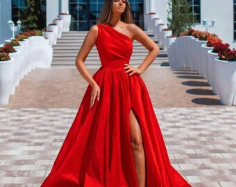 strapless red satin dress
