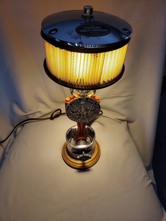 Chrome Harley Derby Lamp With Willi Emblem Piston And Wood Etsy