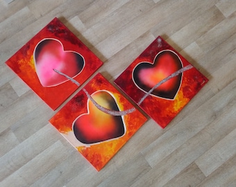 3 x pictures on canvas 40 x 40 x 2 cm - hand painted unique, wall decoration, mural, painting, hearts, deco style originals!