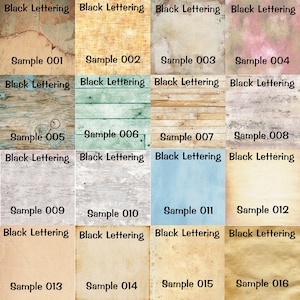 May include: A collage of 16 different textured paper samples, each labeled with a sample number and the text "Black Lettering".