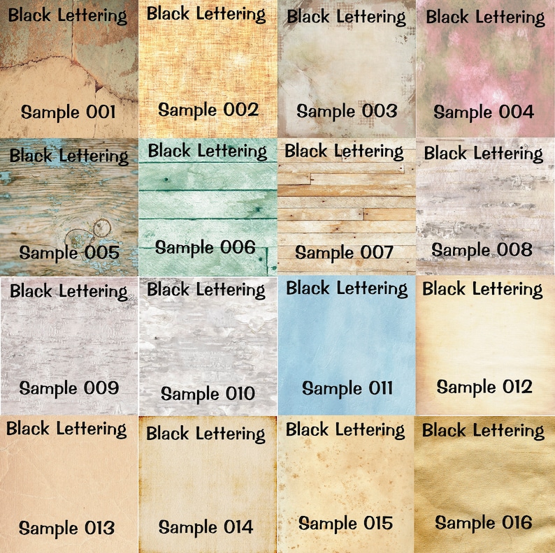 May include: A collage of 16 different textured paper samples, each labeled with a sample number and the text "Black Lettering".