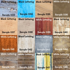 May include: A collage of 16 wood samples with different textures and colors. Each sample is labeled with a number and the text "Sample" and either "Black Lettering" or "White Lettering".