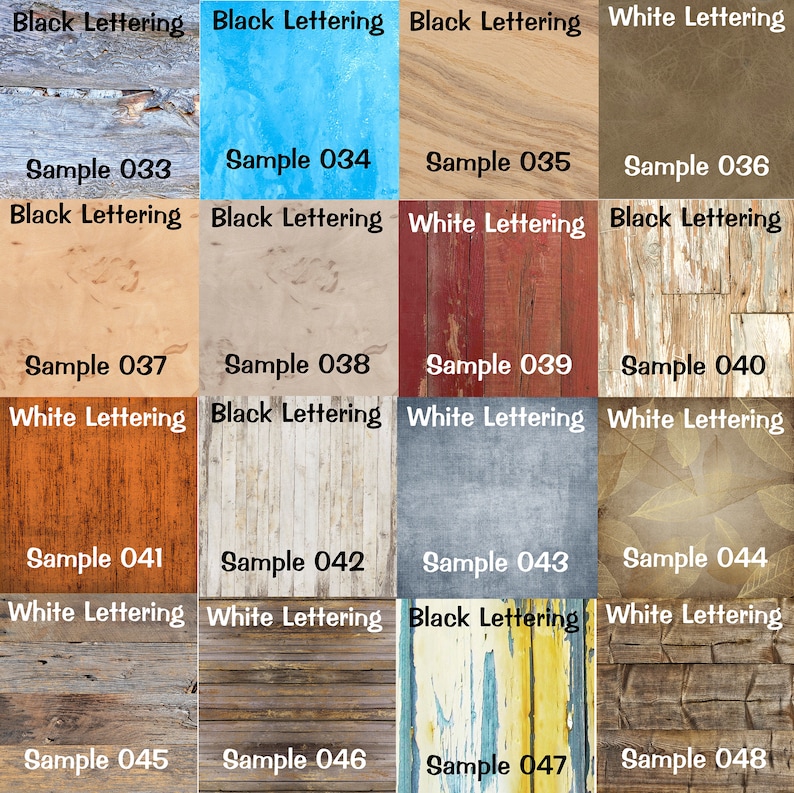 May include: A collage of 16 wood samples with different textures and colors. Each sample is labeled with a number and the text "Sample" and either "Black Lettering" or "White Lettering".