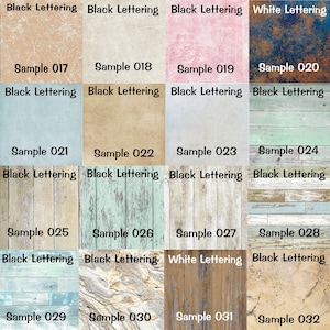 May include: A collage of 16 different wood grain textures, each with a sample number and the words "Black Lettering" or "White Lettering".