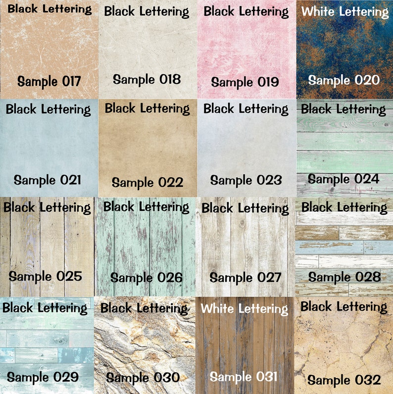 May include: A collage of 16 different wood grain textures, each with a sample number and the words "Black Lettering" or "White Lettering".