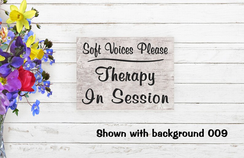 May include: A white wooden sign with black text that reads "Soft Voices Please Therapy In Session". The sign is shown against a white wood background.