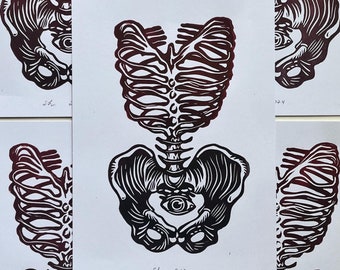 Skeletal Torso Relief Print | 5x7 inch | Handmade print | Halloween Decor | Goth | Spooky | Bones | Postcard