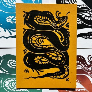 Snake Linocut Print, 5x7 Inch, Gradient lino print, Handmade original card, Printmaker art, Relief print, Original art, Serpent artwork