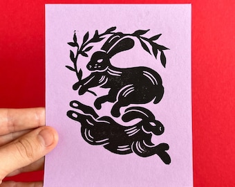 Bunnies Mini-Print on Lilac Paper | Original Linocut Print | Relief Print | Handmade card