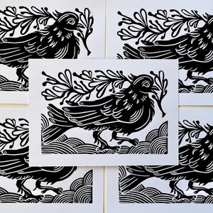 Little Black Bird Linocut Print, 5x7 inch, Block Relief Print, Home Decor, Medieval, Cute, Botanical, Cottagecore Artwork, Nature