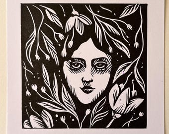 Portrait Linoprint, Mini linocut print, Relief print, Handmade card, Original art