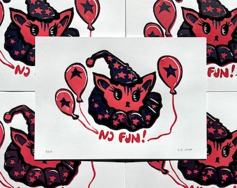 Birthday Cat Linocut Print: "No Fun" Handmade Card (5x7 Inch)