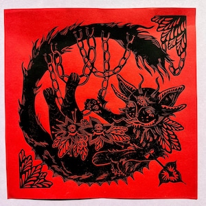 Devil Cat Linocut Print: Whiskers of Mischief, Red Paper