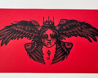 Angel Linocut Print: Gothic Seraphim Art on Red Paper (7x13 inch)