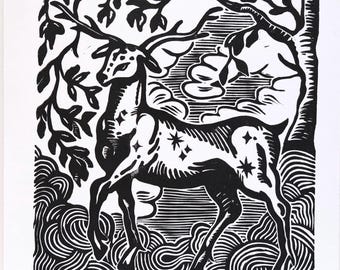 Baby Deer Lino Print, 7x7 inch, Original Linocut Print, Wildlife Landscape, Printmaker, Wall poster