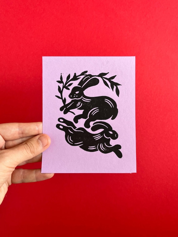Bunnies Mini-Print on Lilac Paper | Original Linocut Print | Relief Print | Handmade card