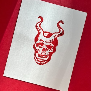 Skull Linoprint | Momento Mori | Original Linocut Print | Handmade card | Anthropomorphous Skull with Horns