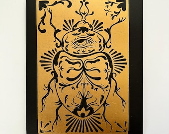 Gold Scarab Linoprint: 5x7 Handmade Insect Block Print