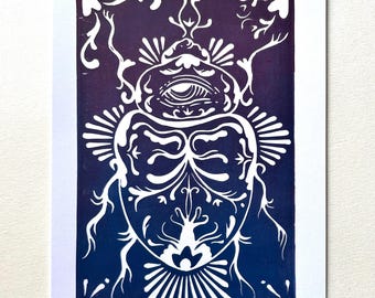 Beetle Linocut Print: 5x7 Scarab Art, Handprinted