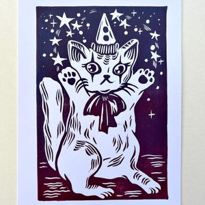 Handmade Wizard Cat Relief Print: Whimsical Art Card (5x7)
