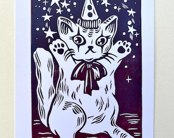 Handmade Wizard Cat Relief Print: Whimsical Art Card (5x7)
