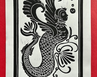 Mermaid Linocut Print: Ancient Roman Style Wall Art (11x14 Inch)