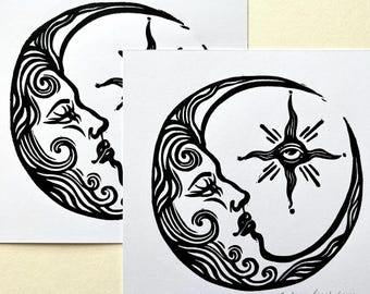 Crescent Moon & Sun Face Linocut Print Set: Handmade Celestial Art