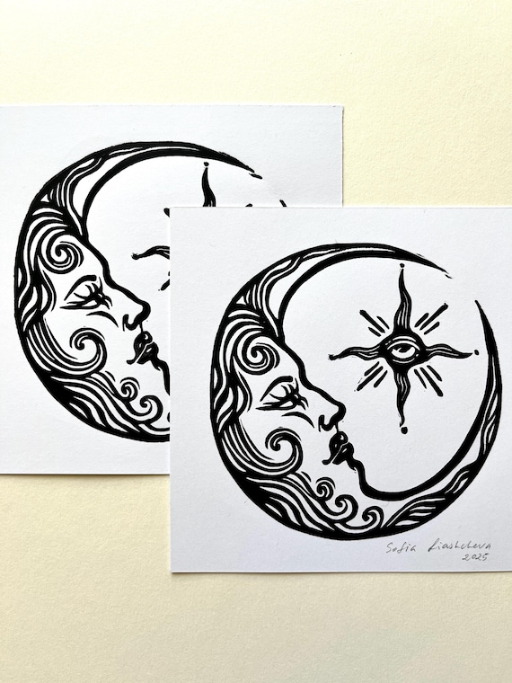 Crescent Moon & Sun Face Linocut Print Set: Handmade Celestial Art