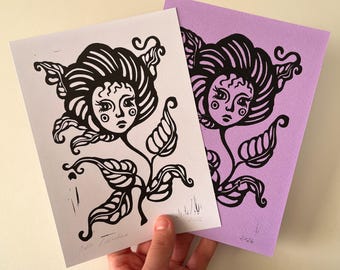 Flower Art | Original Linocut Print | Relief Print | Handmade card