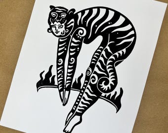 Tiger Girl Linocut Print: American Traditional Tattoo Art (8x10)
