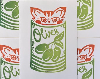 Olive Cat Linocut Print: 5x7 Art, Handprinted