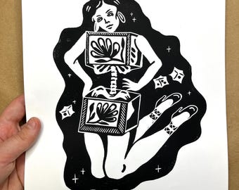Magician Girl Linocut Print: Handmade Tattoo Art (8x10)