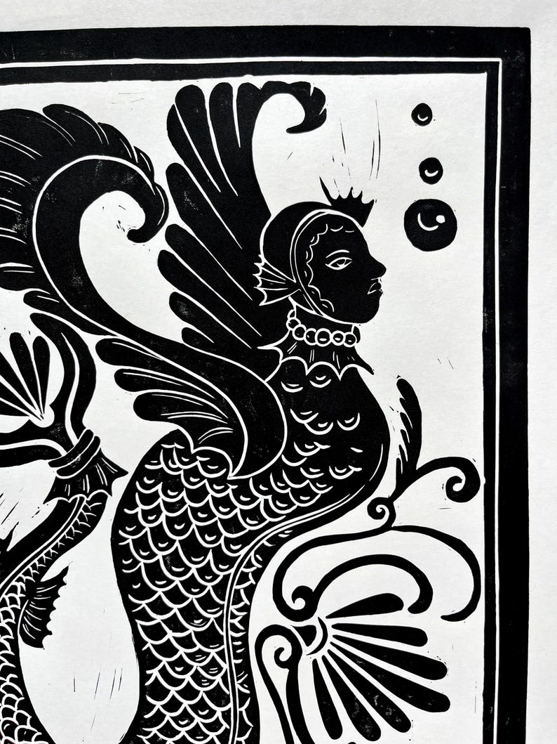 Roman Mermaid Mermaid Linocut Print: Ancient Roman Style Wall Art (11x14 Inch) - Etsy