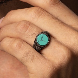 Tibetan Turquoise Signet Ring for Men&#39;s, Statement Ring, Classic Signet Ring Gift for Him, Vintage Inspired Adjustable Textured