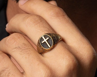 Cross Signet Rings for Men&#39;s, Cross Signet Stackable Statement Ring, Men’s Cross Ring, Jesus Cross , Christian Ring, Valentinus&#39;s Day Gift