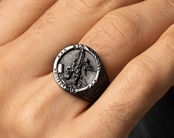 Saint Archangel Michael Signet Ring, Religious Men's Ring, Pinky Signet Ring for Men, Christian Ring for Family, Religious Ring