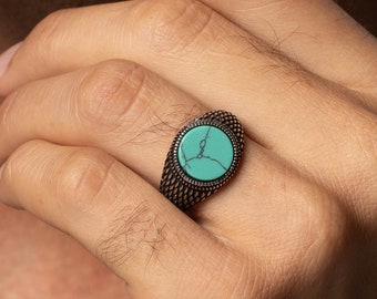 Tibetan Turquoise Signet Ring for Men&#39;s, Statement Ring, Classic Signet Ring Gift for Him, Vintage Inspired Adjustable Textured
