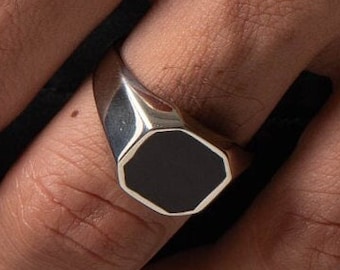 Black Onyx Signet Ring for Men&#39;s, Signet Statement Ring, Anniversary Gift, Mens Pinky Rings, Chunky Ring, Father&#39;s Day Gift
