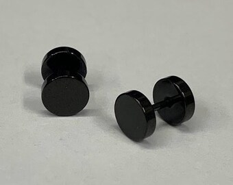 8mm Blaken Screw Stud Earrings for Men's, Plain Stud Earrings, Minimalist Black Dise Studs, Modern Accessories, Piercing Tunnels Black