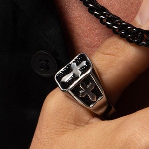 Cross Symbol Signet Rings, Men’s Cross Ring, Cross Signet Stackable Statement Ring, Christian Cross Ring for Men