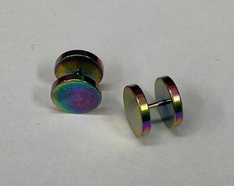 Men's Rainbow Disc Stud Earrings, Flat Circle Stud Earrings, Men's Earrings, Circle Ear Studs, Geometric Black Studs, Men's Jewelry