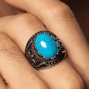 Turquoise Men&#39;s Signet Ring, Oval Shape Vintage Inspired Ring, Men&#39;s Classic Statement Ring, Nature Inspired Ring, Gift for Him